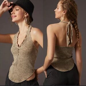 Anthropologie Henley Halter Top in Moss. Pilcro Ribbed Tan Top